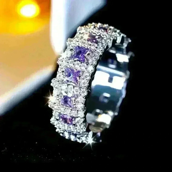 Beautiful Silver-Plated Band w/Purple and White Zirconia inlaid all over, Size 8 - Picture 3 of 4